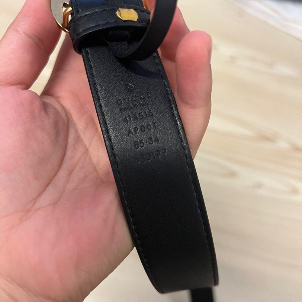 Gucci Black LEATHER BELT WITH DOUBLE G BUCKLE 1" Width Sz 85 - Picture 9 of 10